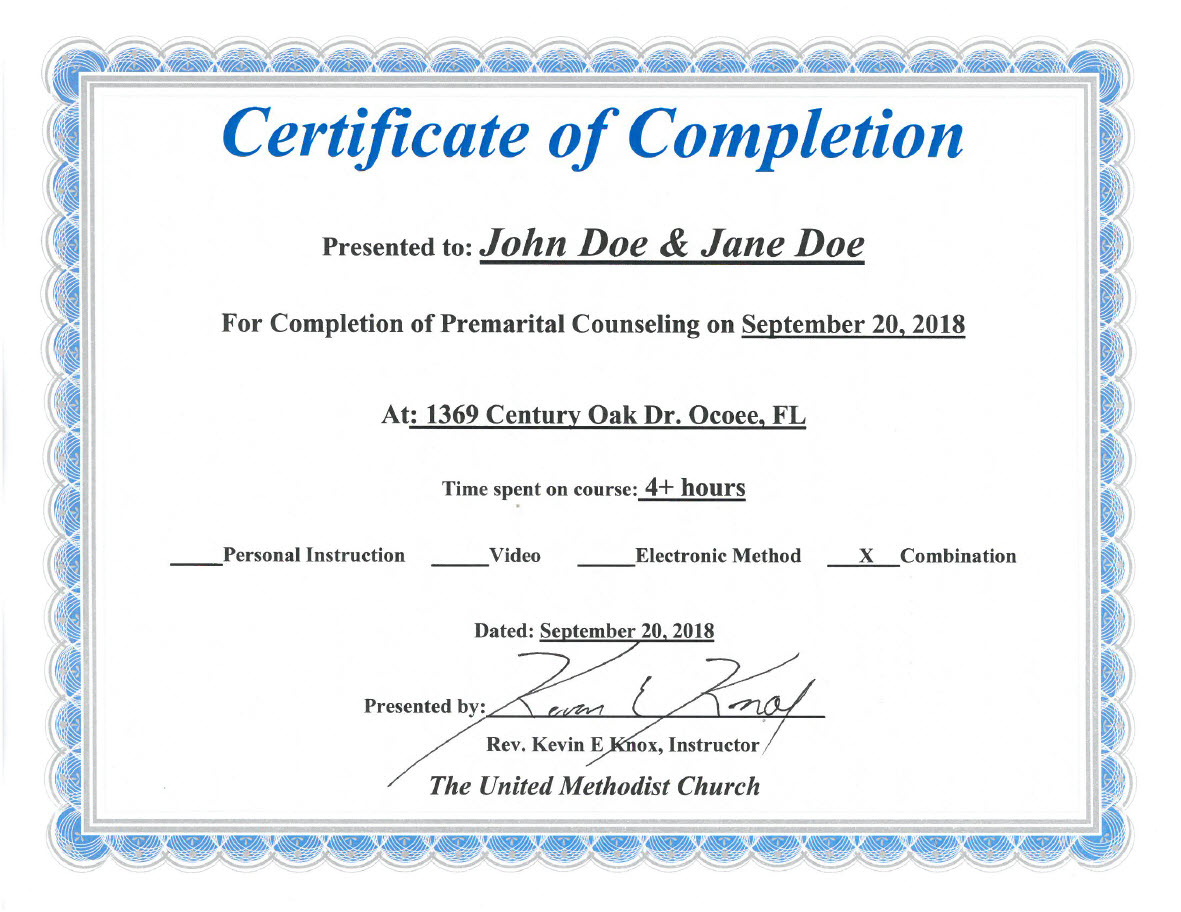 Certificate of Completion the premarital course FL florida premarital preparation course certificate